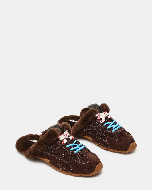 AZIEL MULE FAUX FUR CHOCOLATE BROWN SUEDE