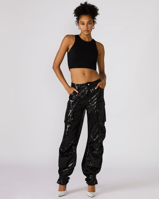 DUO Black Sequin Women's Utility Cargo Pants | Steve Madden