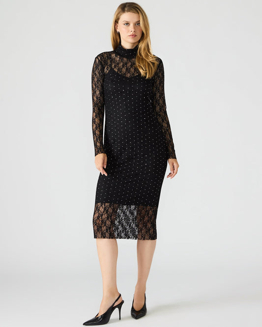 VIVIENNE Black Studded Lace Women's Mock Neck Midi Dress | Steve Madden