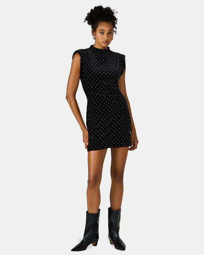 ASTORIA Black Rhinestone Embellished Velvet Shoulder Pads Bodycon Mini Women's Dress | Steve Madden