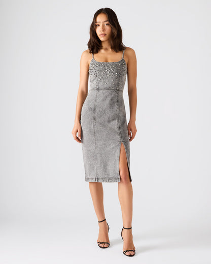 EMBELLISHED GISELLE Fog Denim Midi Women's Dress with Slit | Steve Madden