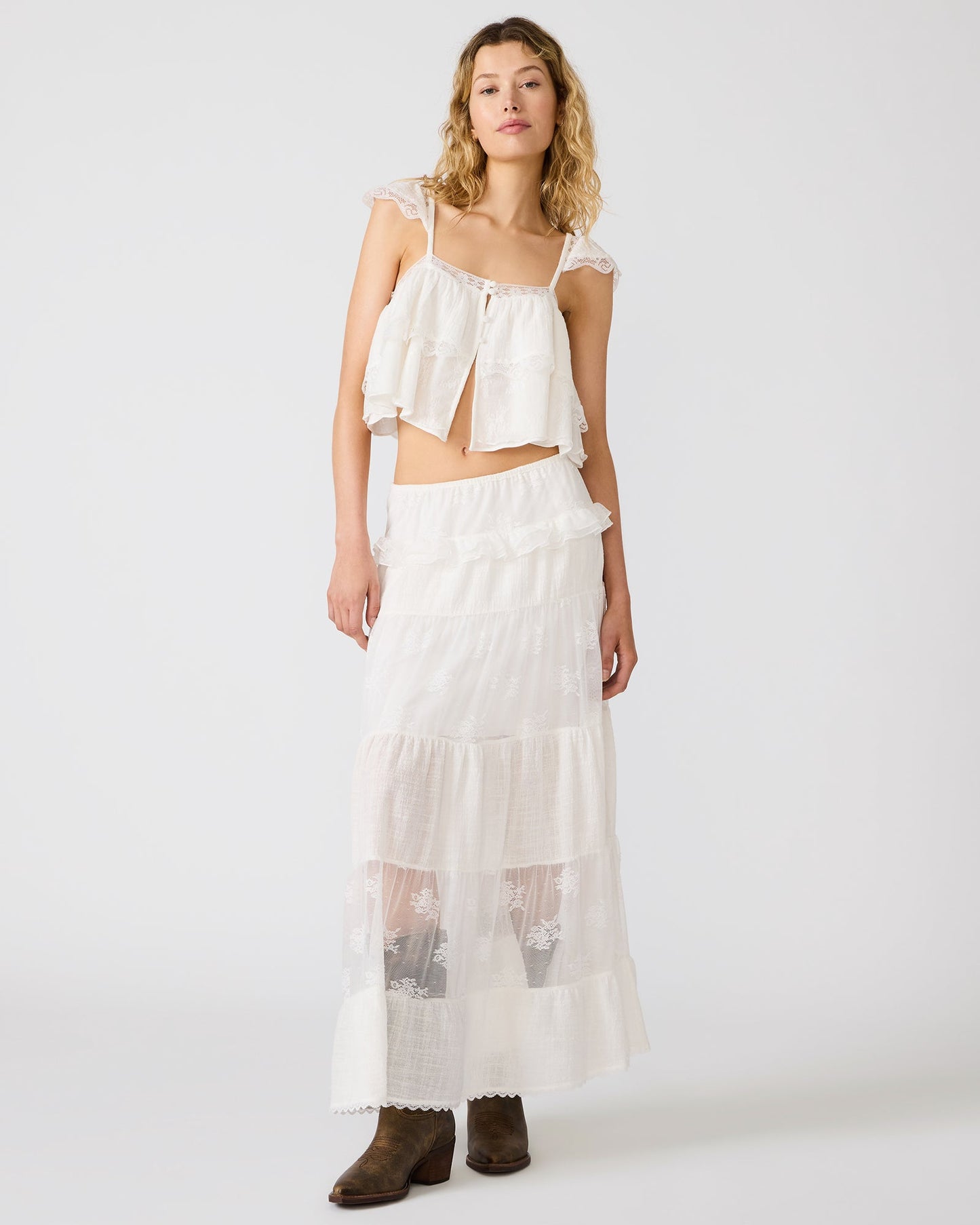 TARRYN Snow White Lace Ruffles Women's Maxi Skirt | Steve Madden