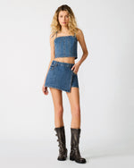 BRIGHTIN Blue Heather Denim Asymmetrical Set Women's Skort | Steve Madden