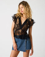 LEYLA Black Lace Sheer Unlined Short-Sleeve Women's Top | Steve Madden
