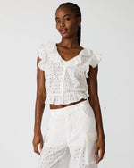 MAYRA White Button-Up Eyelet Ruffles Set Women's Top | Steve Madden
