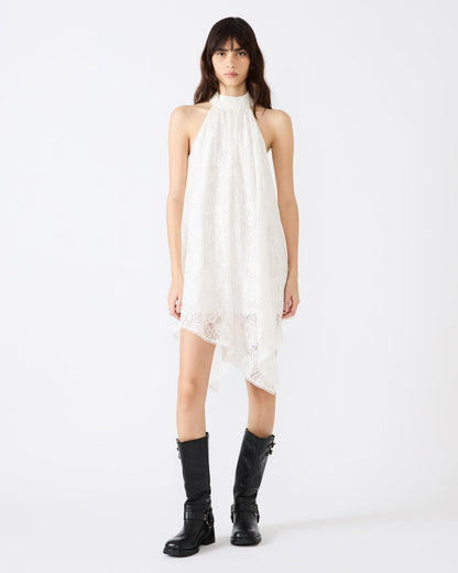 SANDER Cream Asymmetrical High-Neckline Lace Women's Mini Dress | Steve Madden