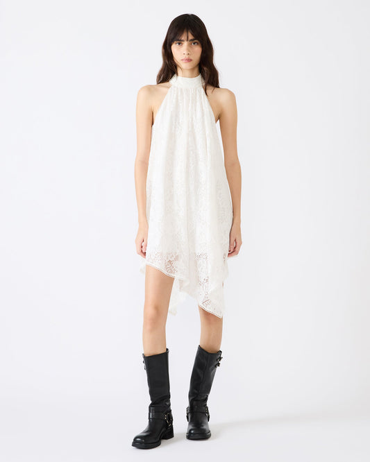 SANDER Cream Asymmetrical High-Neckline Lace Women's Mini Dress | Steve Madden