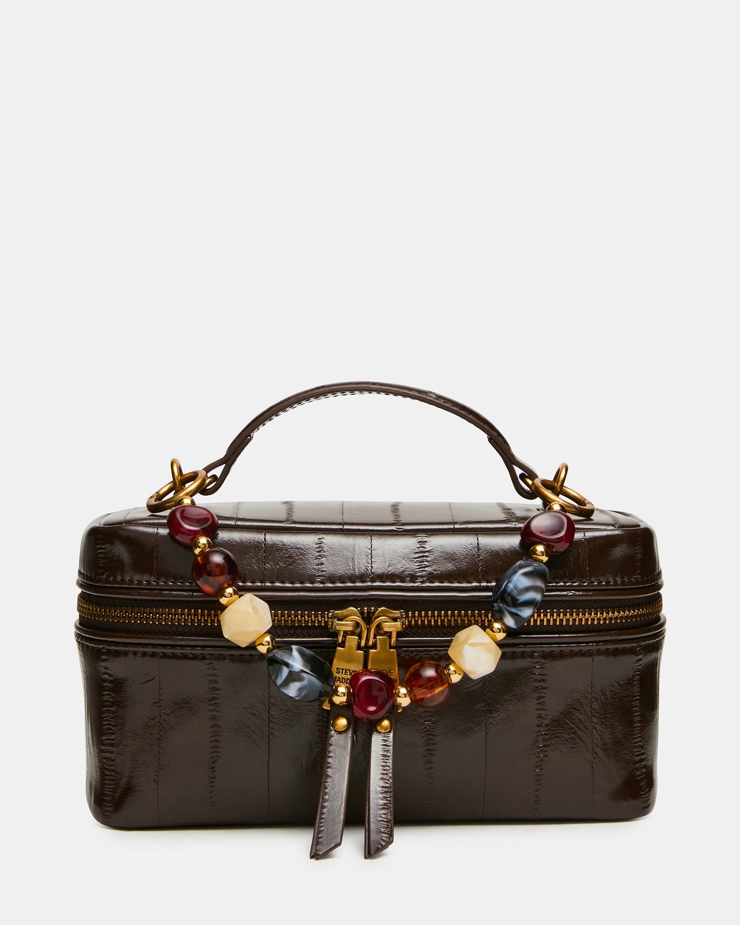 HERRA Brown Eel Beaded Top Handle Vanity Case Crossbody Handbag | Steve Madden