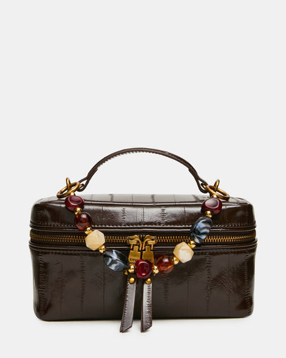 HERRA Brown Eel Beaded Top Handle Vanity Case Crossbody Handbag | Steve Madden