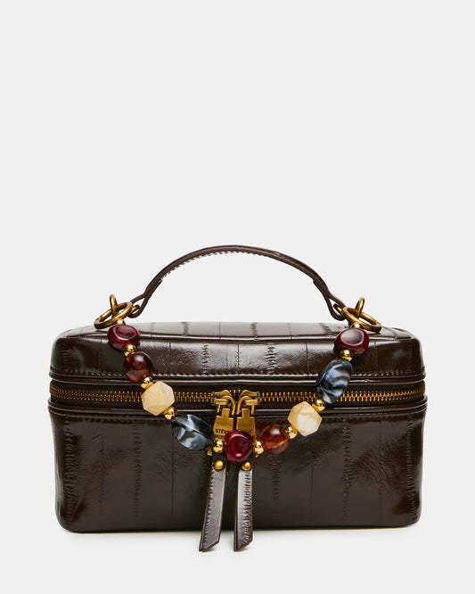 HERRA Brown Eel Beaded Top Handle Vanity Case Crossbody Handbag | Steve Madden