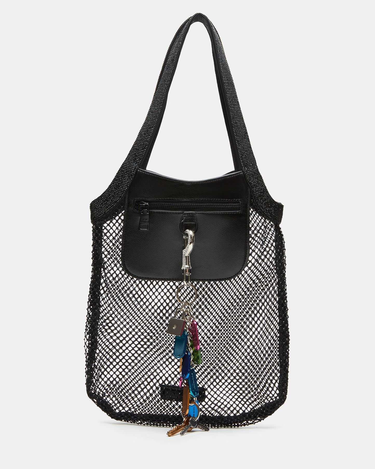 MAKIA Black Women's Crystal Rhinestone Shoulder Strap Net Tote Handbag | Steve Madden