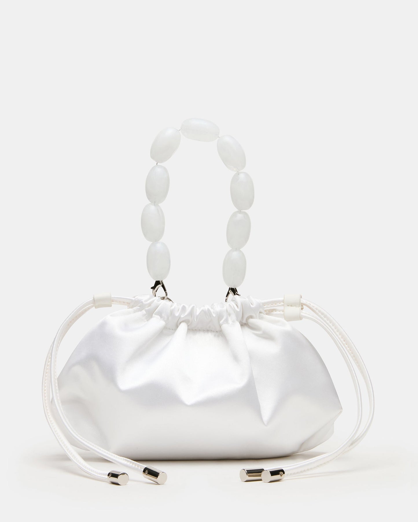 MARIELA White Satin Beaded Drawstring Crossbody Clutch Handbag | Steve Madden