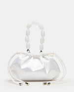 MARIELA White Satin Beaded Drawstring Crossbody Clutch Handbag | Steve Madden