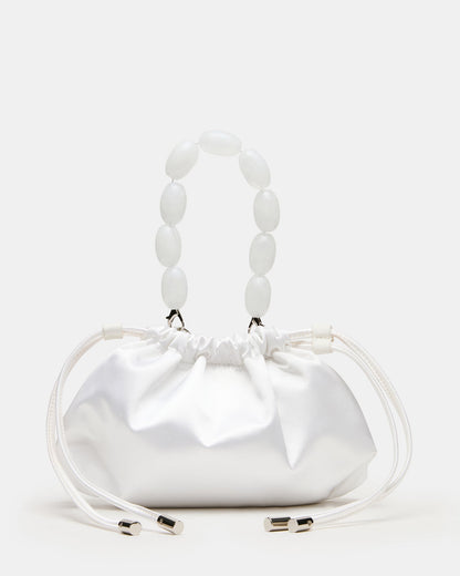MARIELA White Satin Beaded Drawstring Crossbody Clutch Handbag | Steve Madden