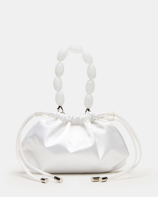 MARIELA White Satin Beaded Drawstring Crossbody Clutch Handbag | Steve Madden