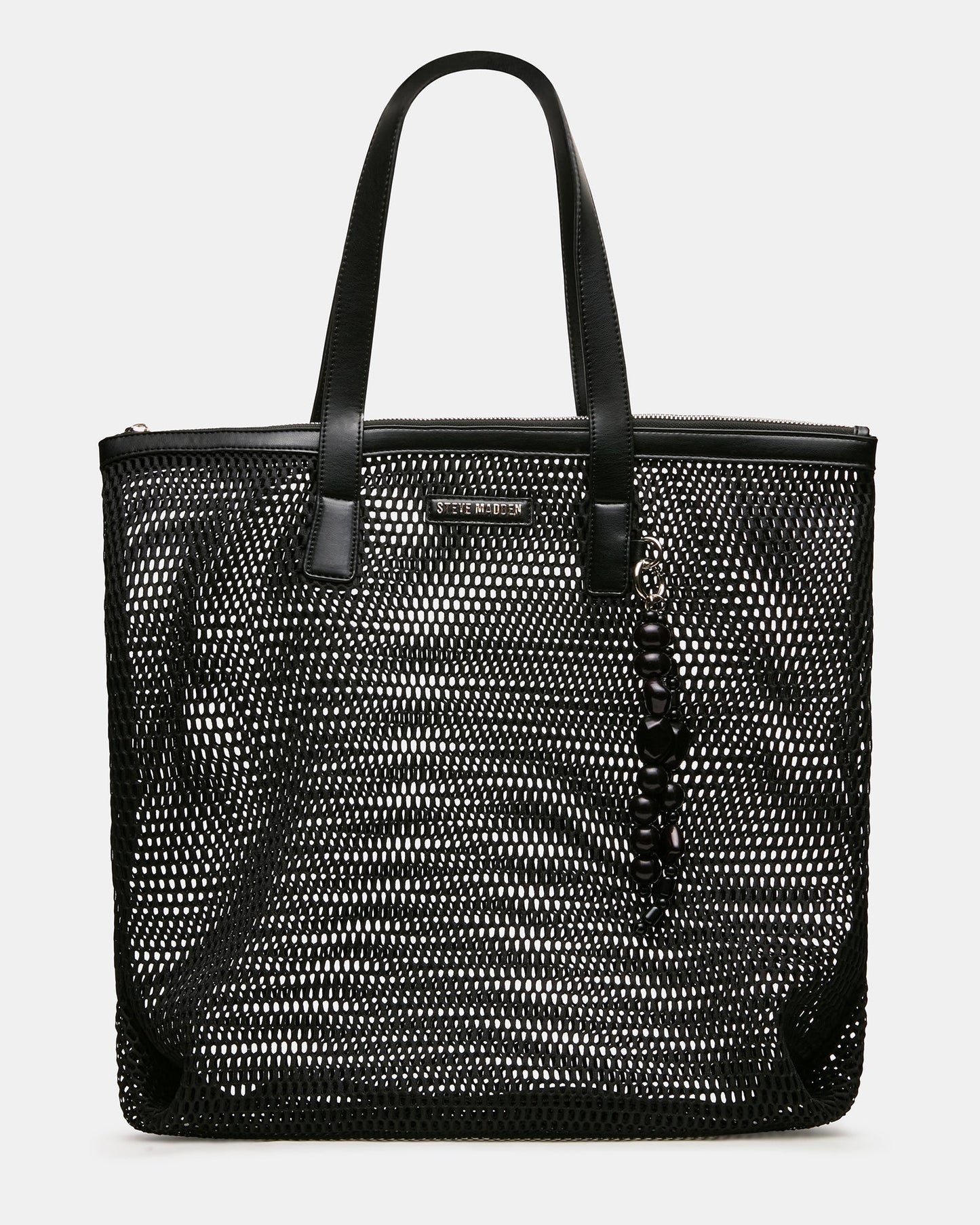MISHA Black Mesh Beaded Bag Charm Tote Handbag | Steve Madden