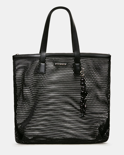 MISHA Black Mesh Beaded Bag Charm Tote Handbag | Steve Madden