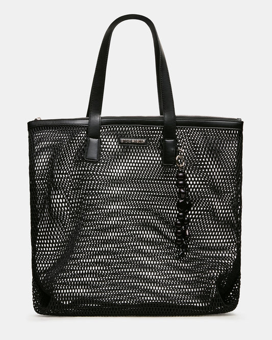 MISHA Black Mesh Beaded Bag Charm Tote Handbag | Steve Madden