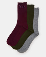 3 PACK FOLLY VELVET BOW RIB CREW SOCKS CHERRY Women's Lettuce Edge Delicate Bow Socks | Steve Madden