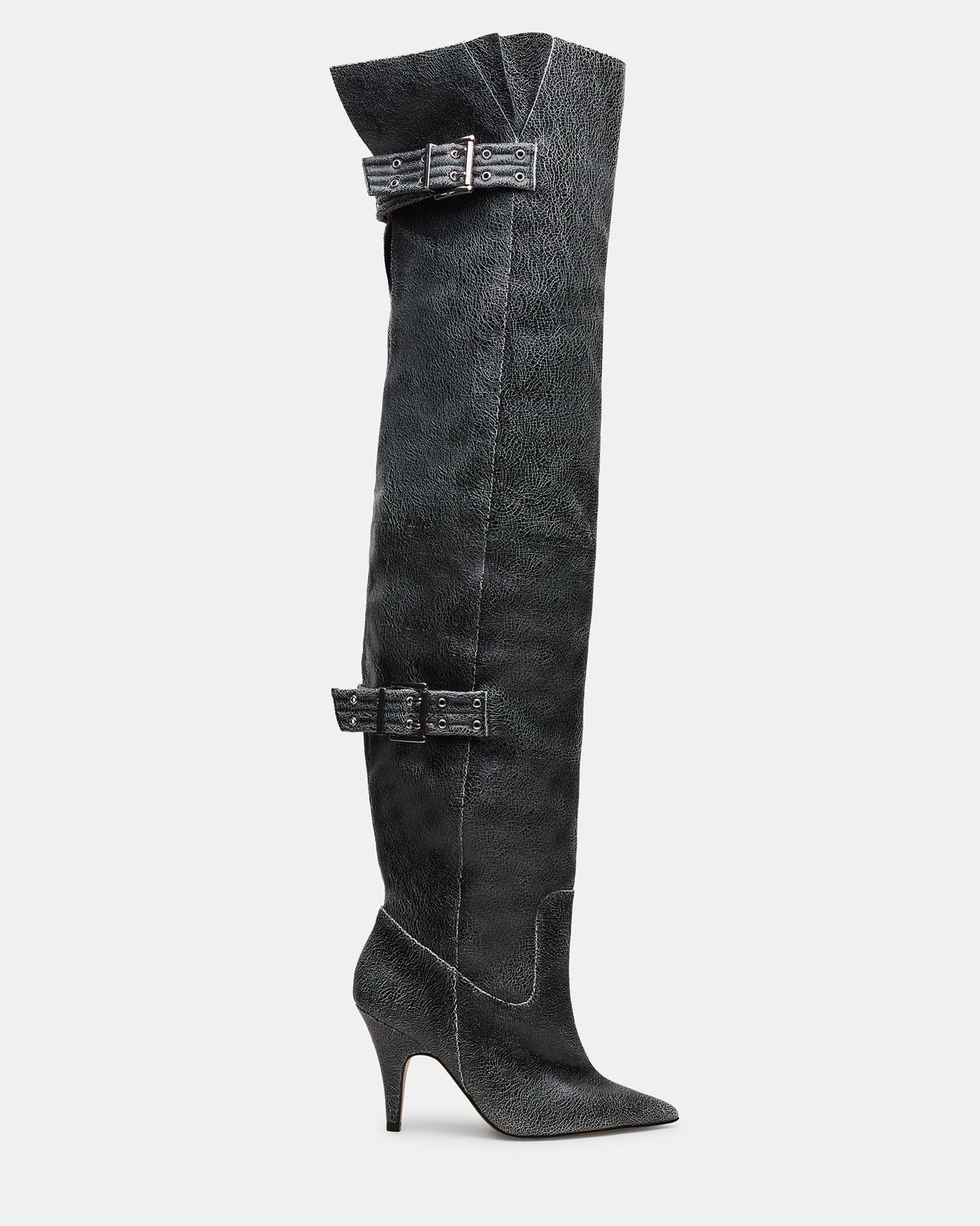 BADDIE Black Distressed Over-The-Knee Moto Women's Boot | Steve Madden