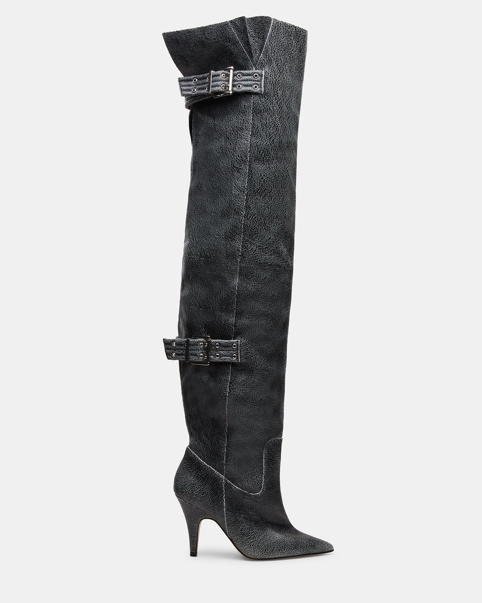 BADDIE Black Distressed Over-The-Knee Moto Women's Boot | Steve Madden