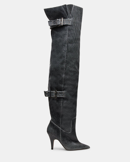BADDIE Black Distressed Over-The-Knee Moto Women's Boot | Steve Madden