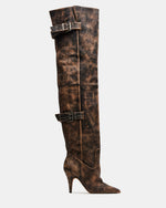 BADDIE Brown Distressed Over-The-Knee Moto Women's Boot | Steve Madden