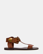 BRAZINN Tan Leather Strappy Flat Sandal Women's Sandal | Steve Madden