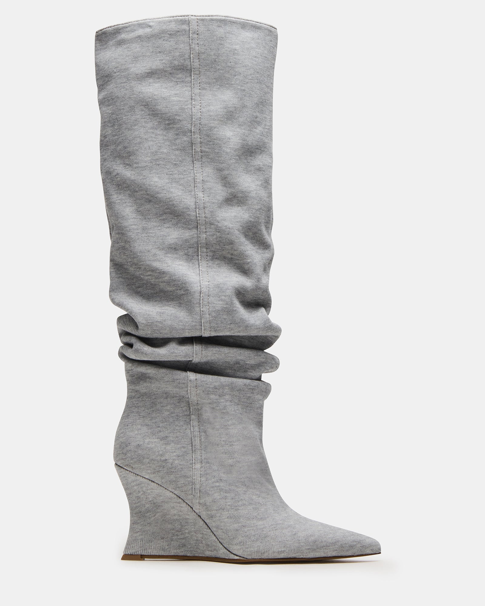 DISTORTION Grey Fabric Pointed-Toe Scrunched Knee-High Wedge Women's Boot | Steve Madden