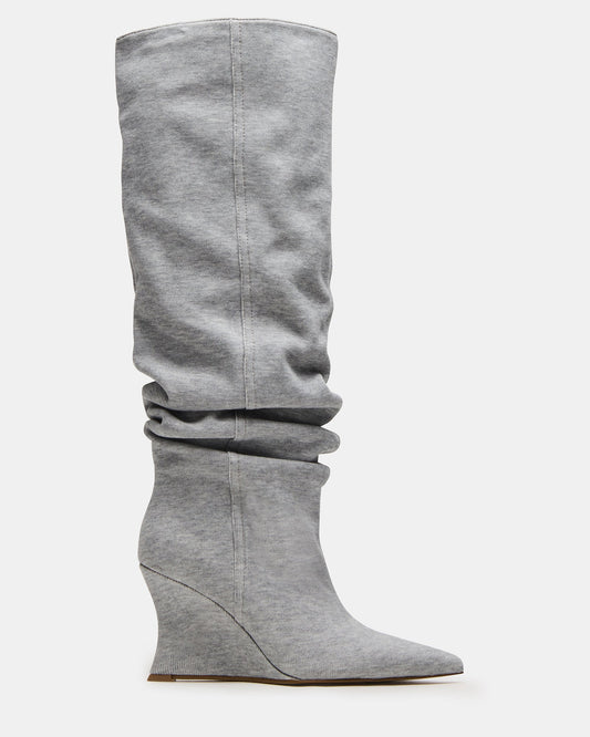 DISTORTION Grey Fabric Pointed-Toe Scrunched Knee-High Wedge Women's Boot | Steve Madden