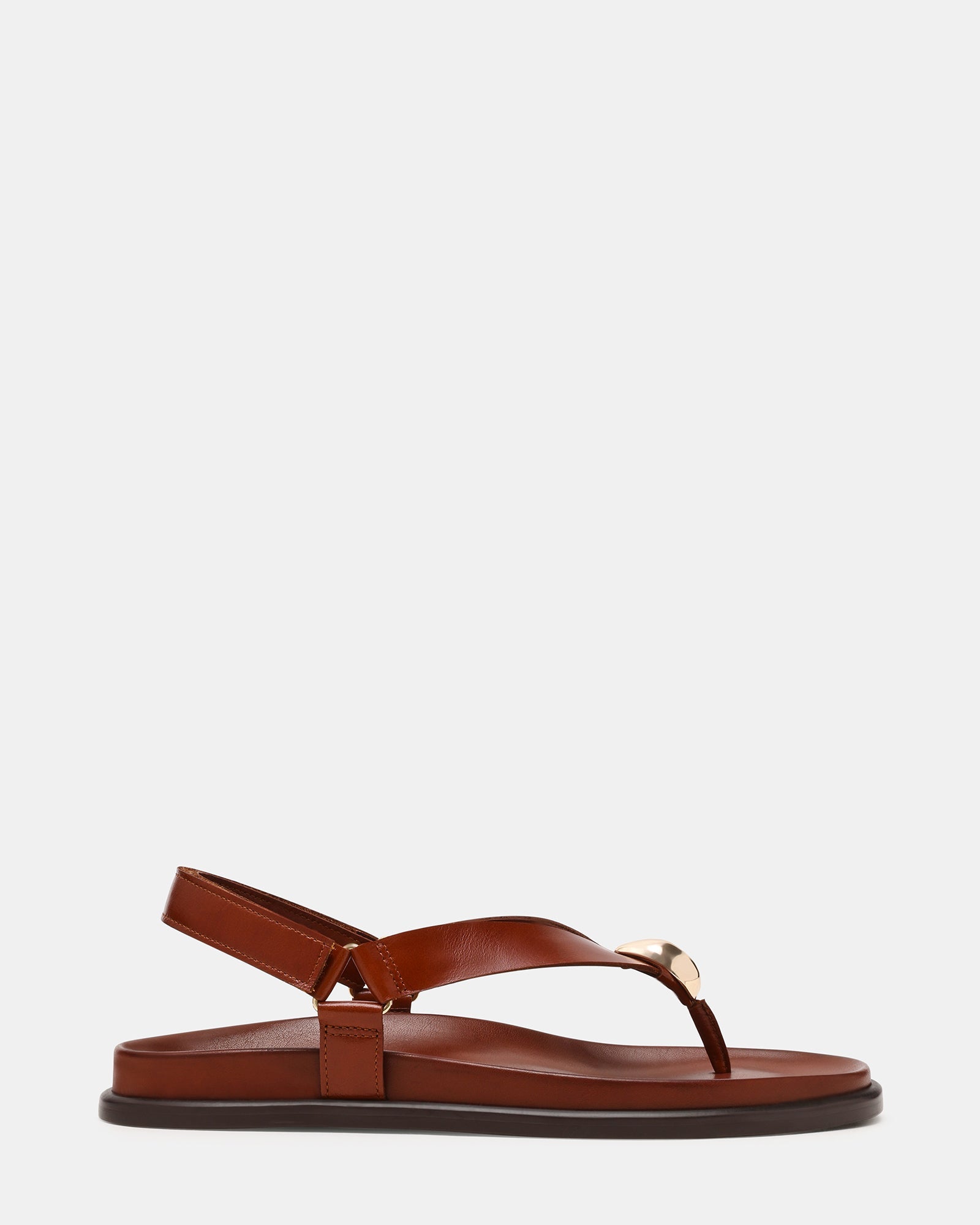 ELVIA Brown Leather Thong Gold-Detail Slingback Footbed Women's Sandal | Steve Madden