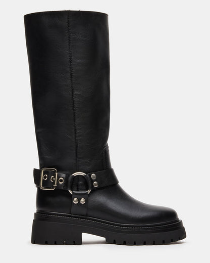 EVEREST Black Leather Moto Lug Knee-High Women's Boot | Steve Madden