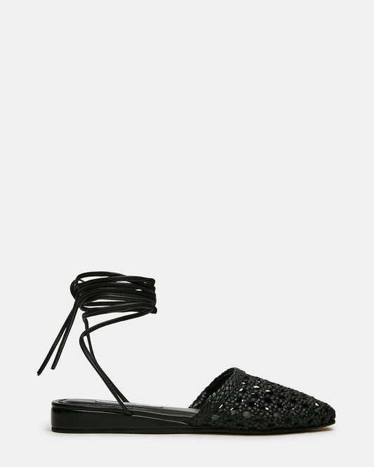 FLUTTER Black Leather Woven Mule Leg-Ties Strappy Women's Flat | Steve Madden