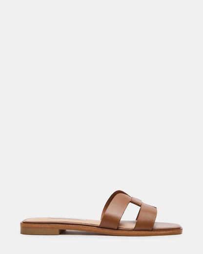 HIRA Cognac Leather Slide Square-Toe Mule Women's Sandal | Steve Madden