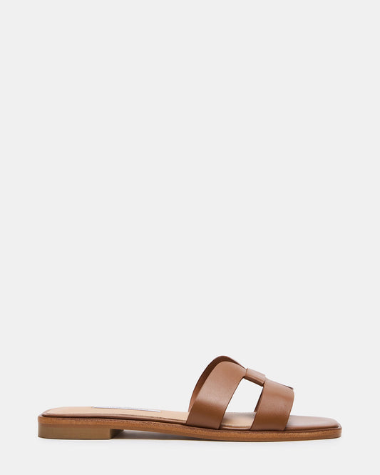 HIRA Cognac Leather Slide Square-Toe Mule Women's Sandal | Steve Madden