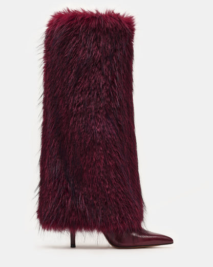 ICON Dark Cherry Pointed-Toe Faux Fur Knee-High Stiletto Women's Boot | Steve Madden
