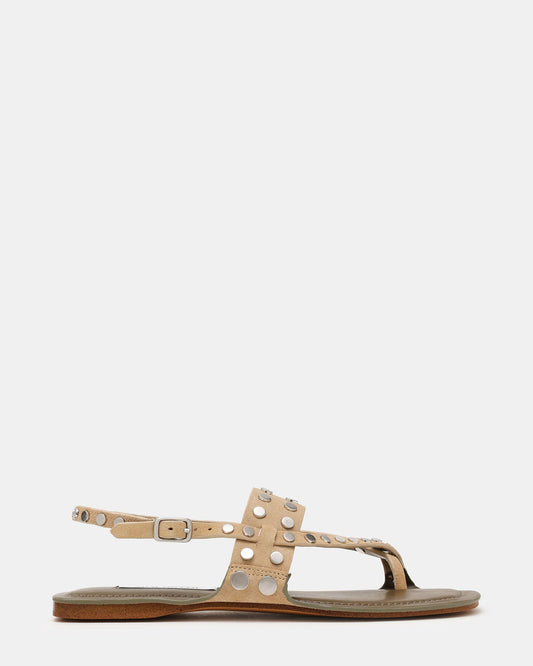 KAELI Taupe Suede Dome-Studs Toe-Strap Square-Toe Women's Sandals | Steve Madden