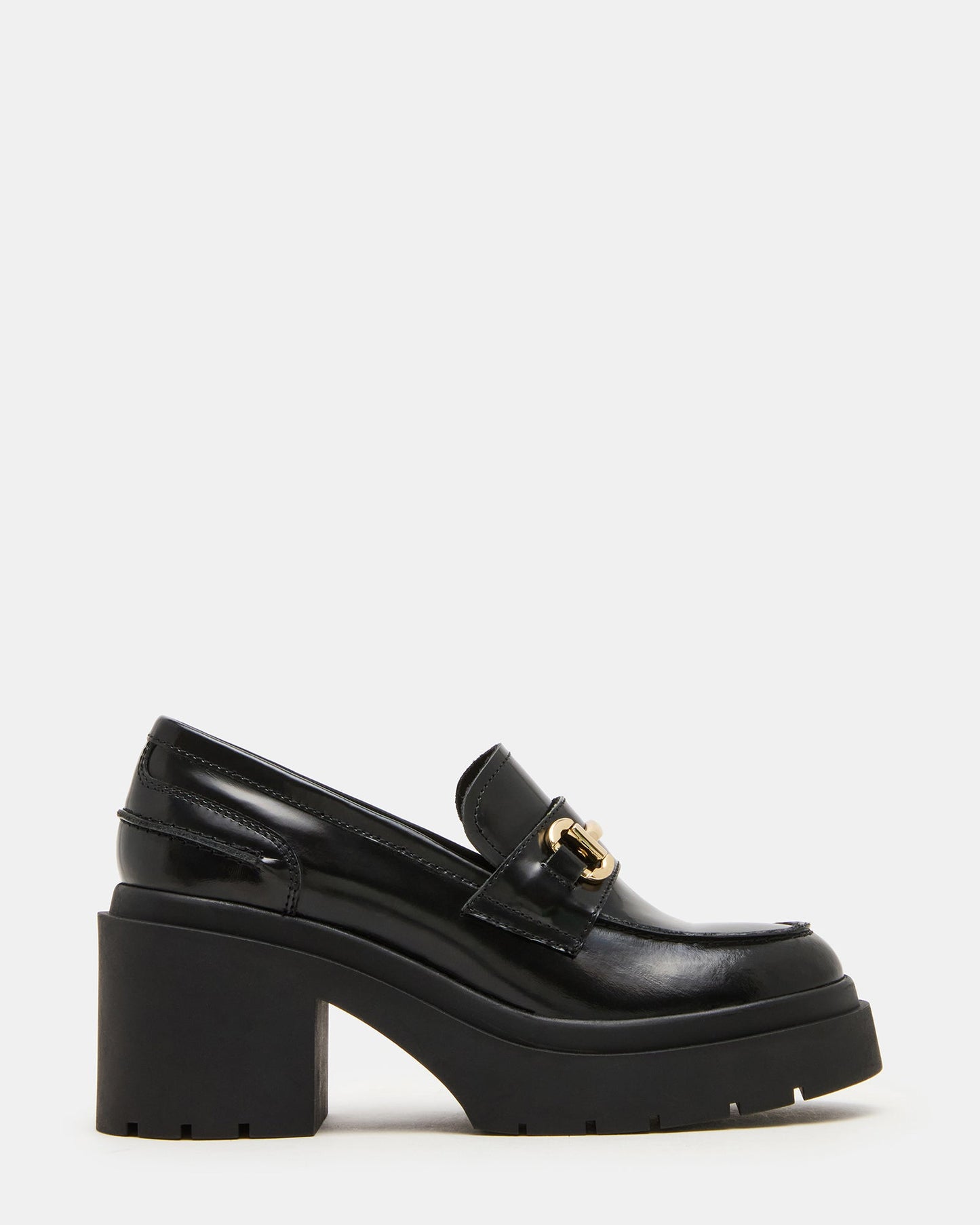 LAZRA Black Platform Lug Block Heel Women's Loafer | Steve Madden
