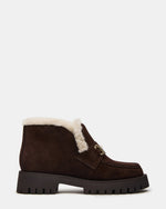 LEON Faux Fur Chocolae Brown Suede Platform Lug Sole Women's Loafer | Steve Madden