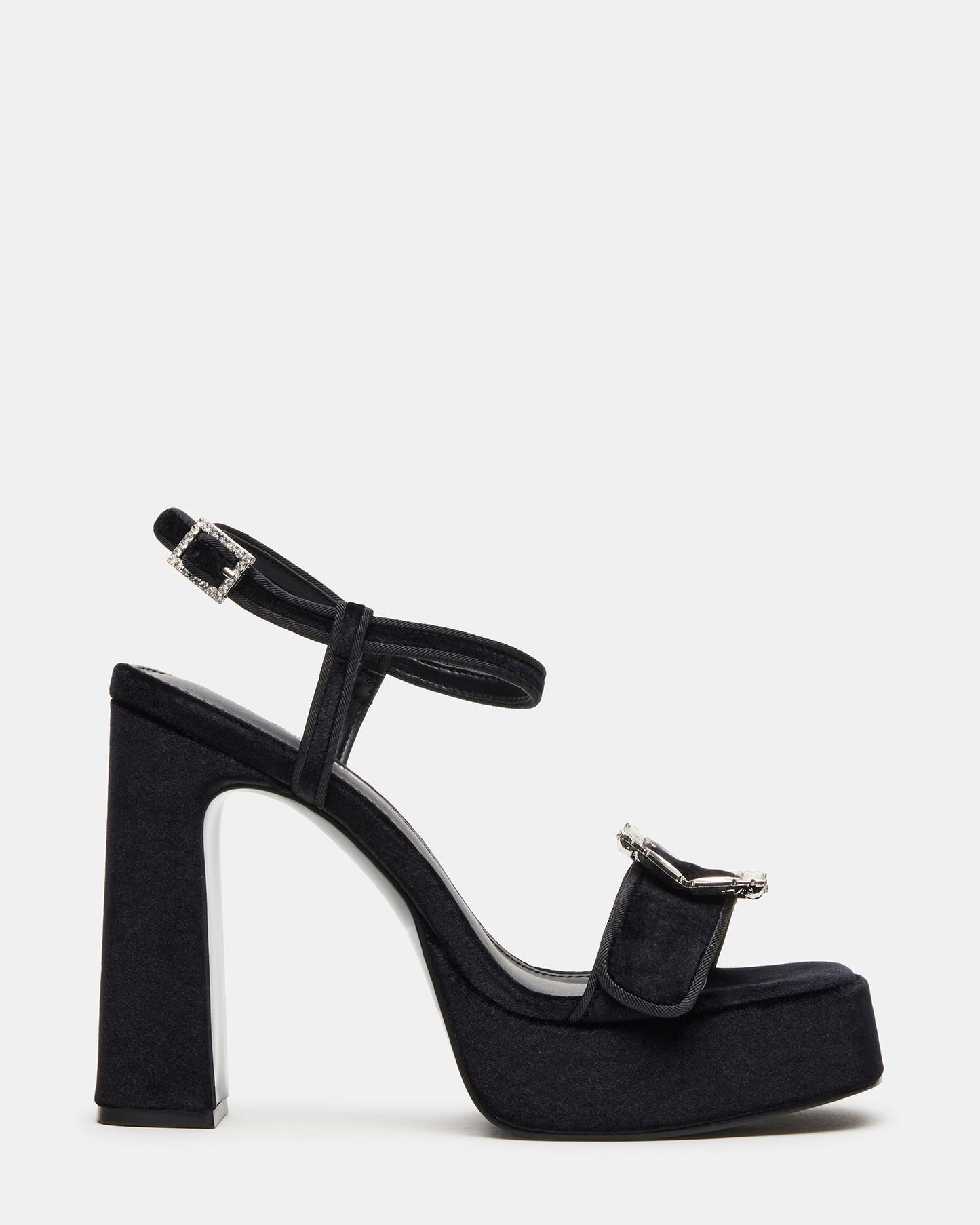 LIANDRA Buckle Black Velvet Women's Platform Square-Toe Strappy Heel | Steve Madden