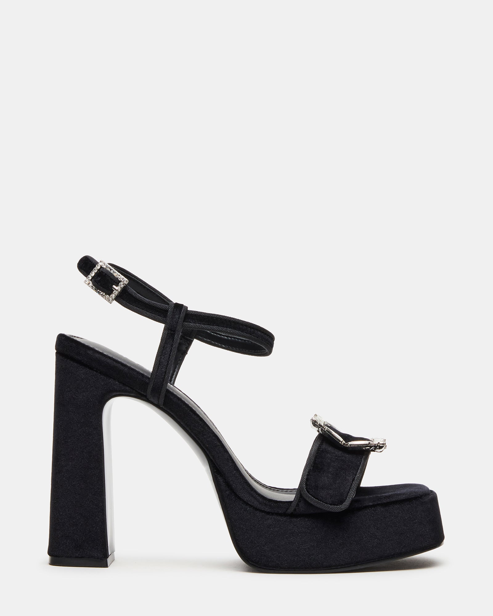 LIANDRA Buckle Black Velvet Women's Platform Square-Toe Strappy Heel | Steve Madden