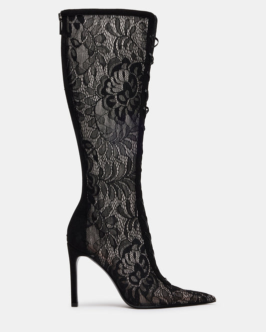 MAXINE Black Lace Pointed-Toe Knee-High Lace-Up Stiletto Women's Boot | Steve Madden