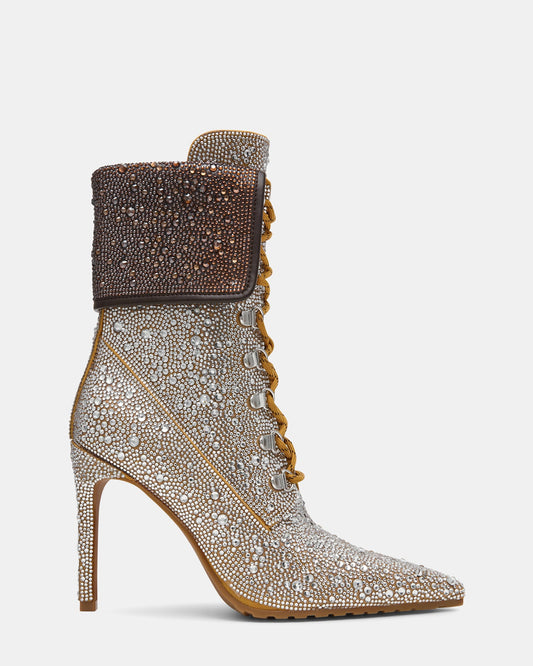 MORALS Silver Rhinestones Pointed-Toe Lace-Up Women's Ankle Boot | Steve Madden