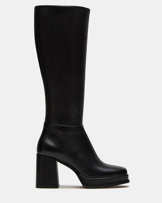 MYSTERY Black Leather Women's Block Heel Platform Boot | Steve Madden