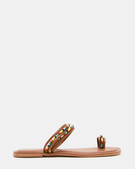 NABILA Tan Multi Sqaure-Toe Beaded Women's Sandal | Steve Madden