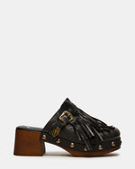 OMEN Black Leather Fringe Studs Western Mule Women's Heel | Steve Madden