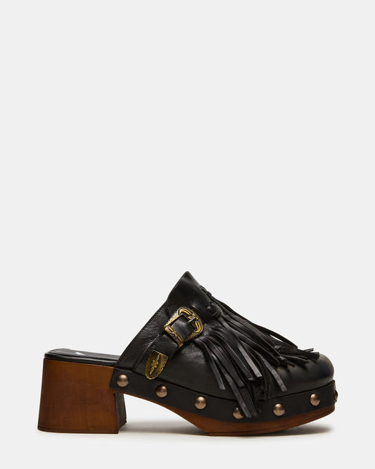 OMEN Black Leather Fringe Studs Western Mule Women's Heel | Steve Madden