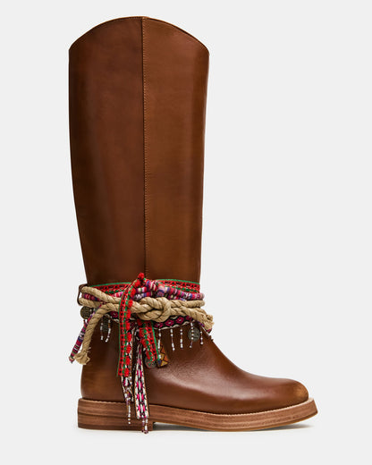 ORIGIN Tan Leather Cord-Embellished Round-Toe Women's Knee High Boot | Steve Madden