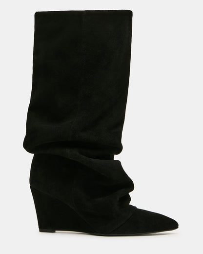 RHYS Black Suede Fold-Over Pointed-Toe Knee-High Women's Boot | Steve Madden