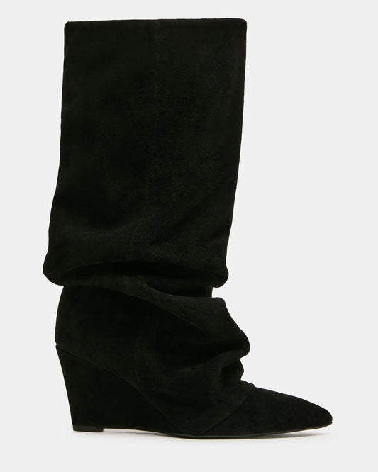 RHYS Black Suede Fold-Over Pointed-Toe Knee-High Women's Boot | Steve Madden